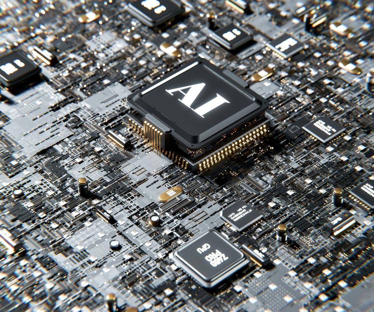 A computer chip labelled AI at the centre of a detailed circuit board