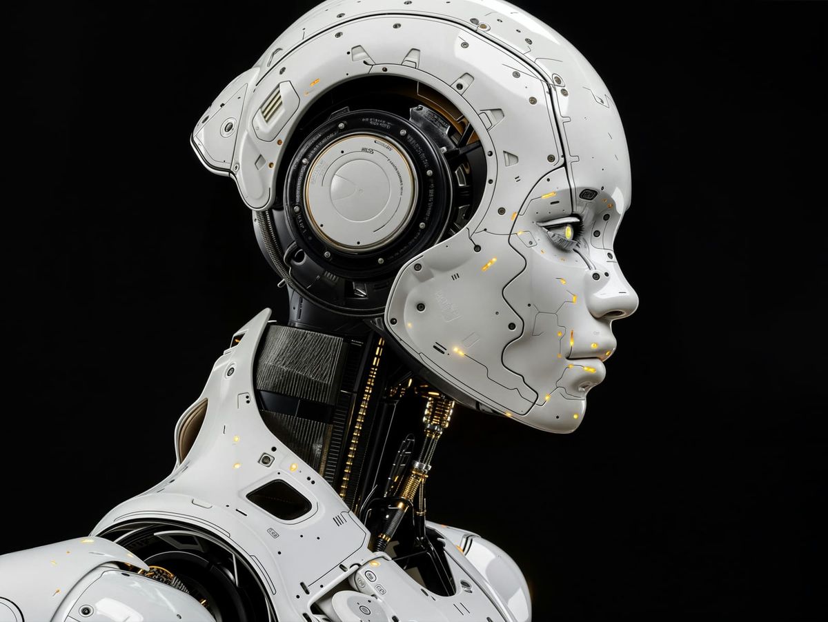 A white humanoid AI robot in profile with glowing amber lights, illustrating AI safety and guardrails for kids