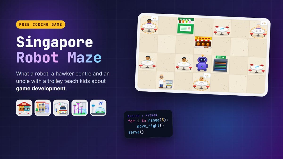 The Singapore Robot Maze: a robot delivering chicken rice in a hawker centre level, built from coding blocks